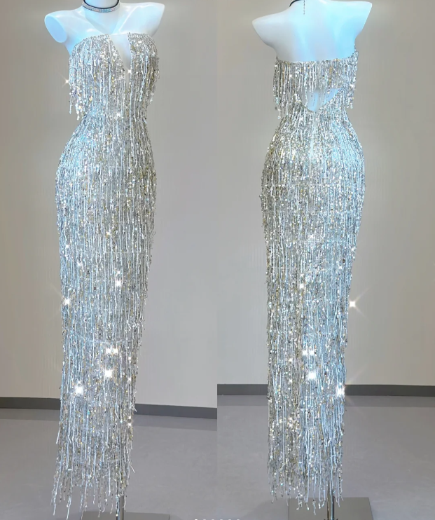 Classy Sheath Strapless Silver Sequin Evening Dress Long Prom Dresses P0011