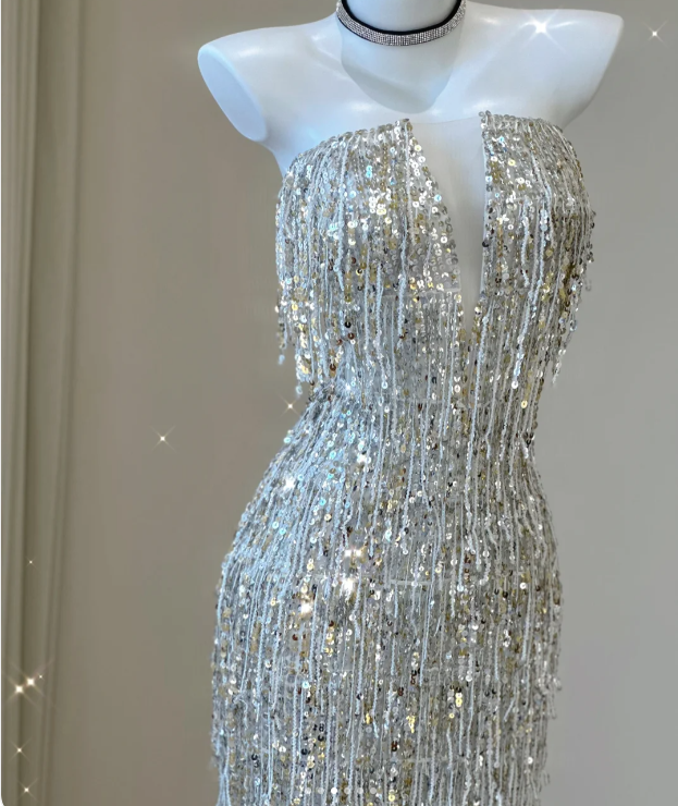 Classy Sheath Strapless Silver Sequin Evening Dress Long Prom Dresses P0011
