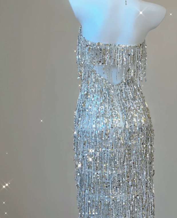 Classy Sheath Strapless Silver Sequin Evening Dress Long Prom Dresses P0011