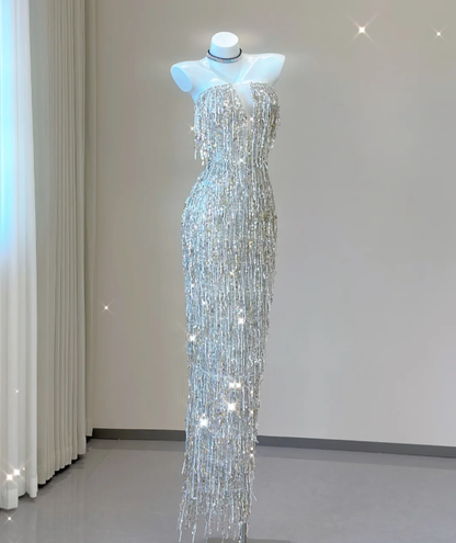 Classy Sheath Strapless Silver Sequin Evening Dress Long Prom Dresses P0011