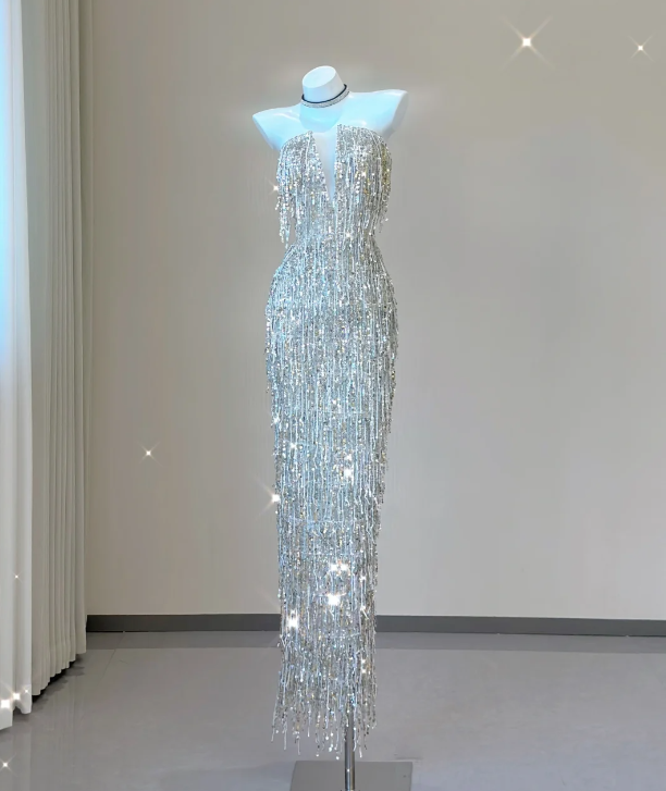 Classy Sheath Strapless Silver Sequin Evening Dress Long Prom Dresses P0011