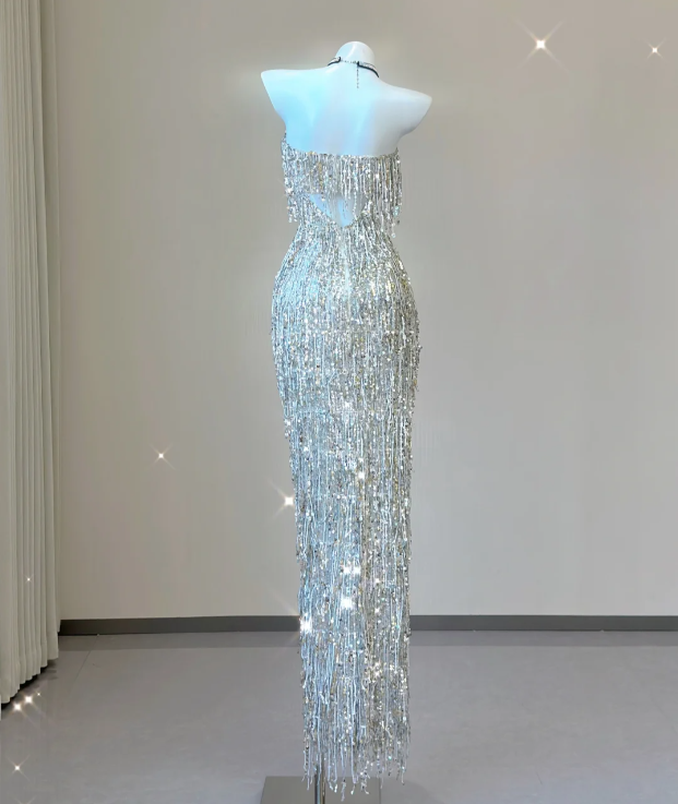 Classy Sheath Strapless Silver Sequin Evening Dress Long Prom Dresses P0011