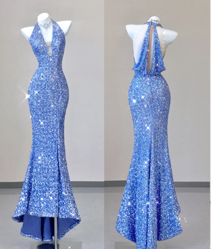Classy Mermaid Halter V Neckline Blue Sequin Evening Dress Long Prom Dresses P0016