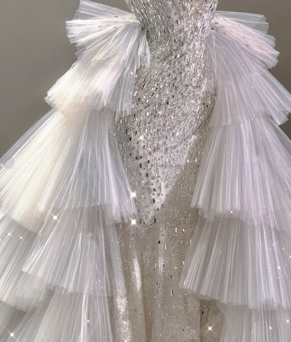 Robe de mariée élégante à paillettes et décolleté plongeant en sirène, robe longue de mariée P0017