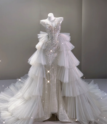 Robe de mariée élégante à paillettes et décolleté plongeant en sirène, robe longue de mariée P0017