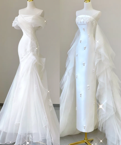 Unique Mermaid Off The Shoulder White Tulle Sweep Train Wedding Dresses Brides Dress P0029