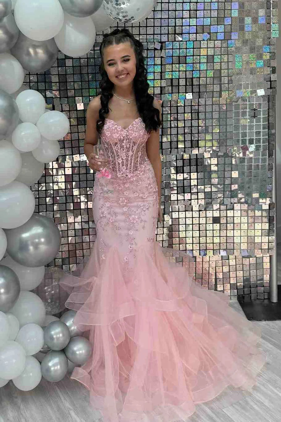 Elegant Mermaid Sweetheart Lace Pink Long Birthday Dress Prom Dress Ba