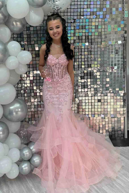 Elegant Mermaid Sweetheart Lace Pink Long Birthday Dress Prom Dress Ba