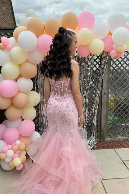 Elegant Mermaid Sweetheart Lace Pink Long Birthday Dress Prom Dress Ba