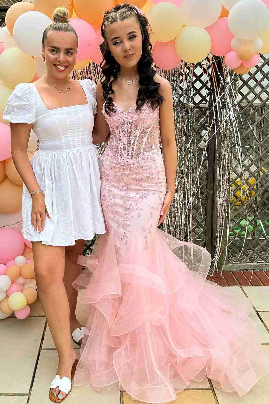 Elegant Mermaid Sweetheart Lace Pink Long Birthday Dress Prom Dress Ba