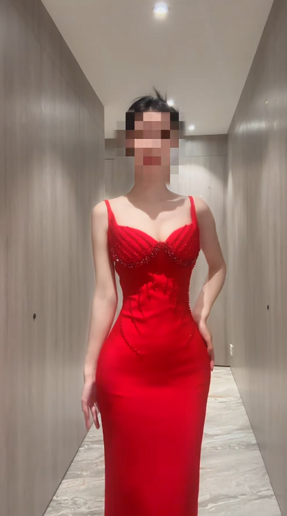 Elegant Red Prom Dress Satin Spaghetti Straps  Sheath Evening Dress S1055