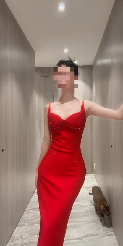Elegant Red Prom Dress Satin Spaghetti Straps  Sheath Evening Dress S1055