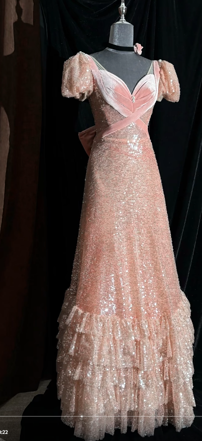 Elegant Pink Prom Dress Sequins V-neck A-Line Evening Dress S1058