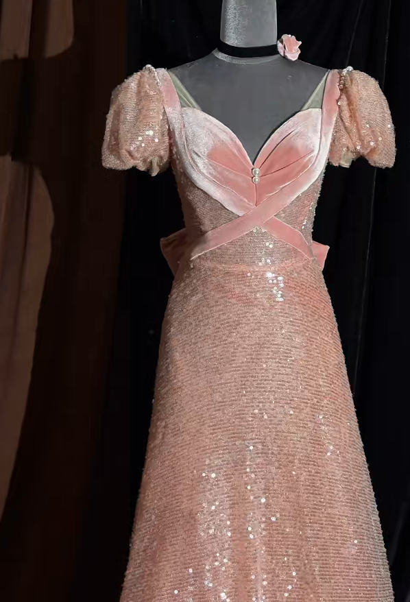 Elegant Pink Prom Dress Sequins V-neck A-Line Evening Dress S1058