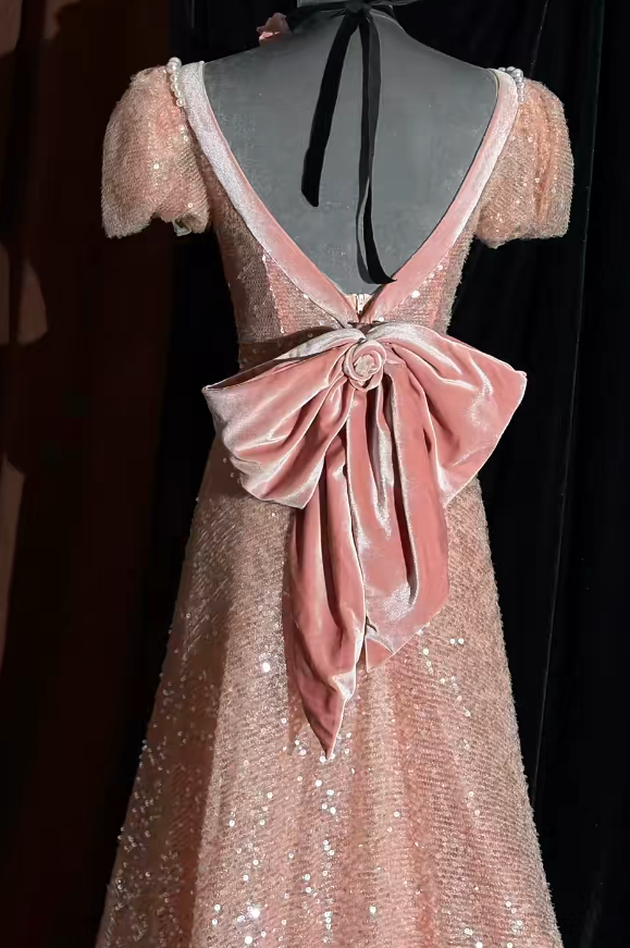 Elegant Pink Prom Dress Sequins V-neck A-Line Evening Dress S1058
