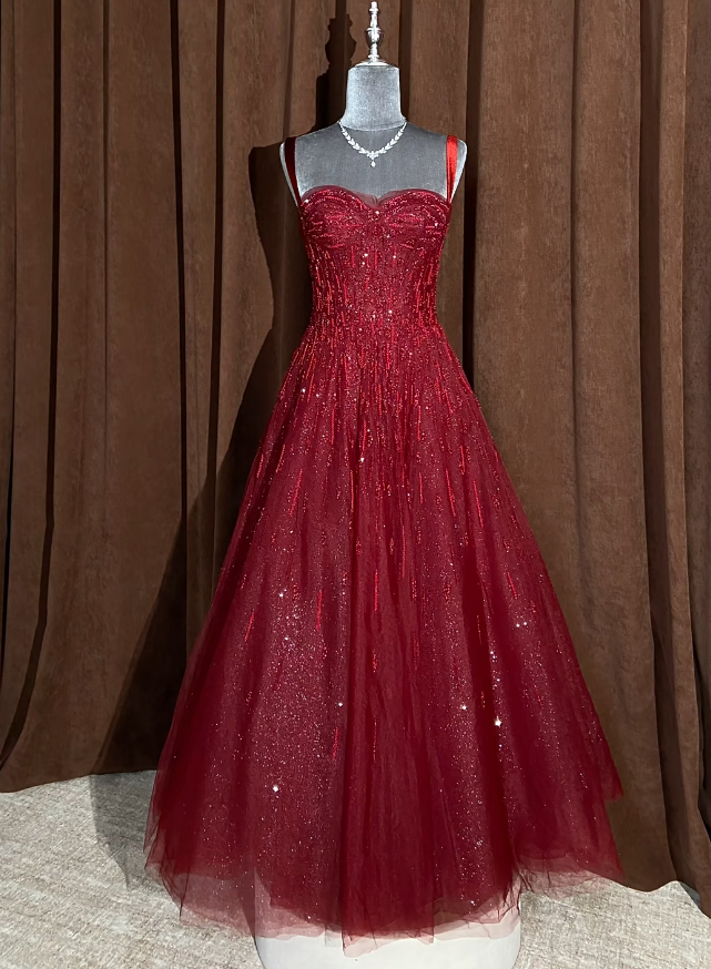 Elegant Burgundy Prom Dress Tulle Straps A-Line Evening Dress S1064