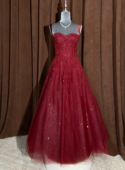 Elegant Burgundy Prom Dress Tulle Straps A-Line Evening Dress S1064