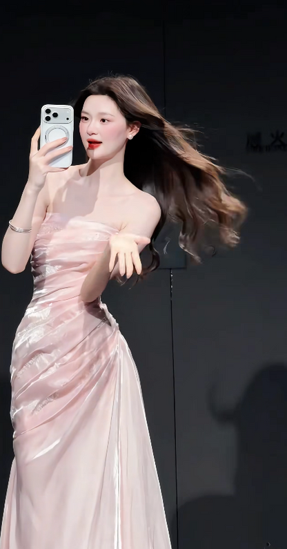 Elegant Pink Prom Dress Satin Strapless Sheath Evening Dress S1067