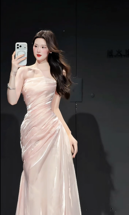 Elegant Pink Prom Dress Satin Strapless Sheath Evening Dress S1067