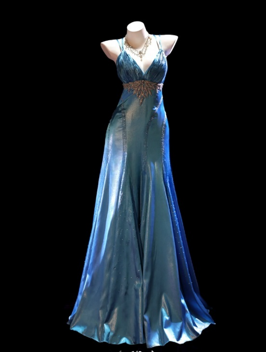 Chic Blue Prom Dress Satin Halter Sheath Evening Dress S1070