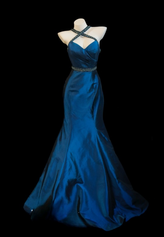 Chic Blue Prom Dress Satin Halter Mermaid Evening Dress S1073