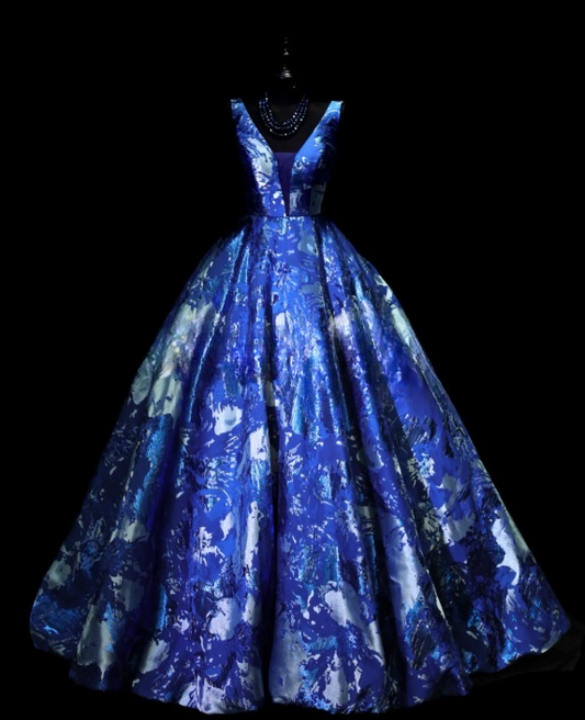 Chic Blue Prom Dress Satin V-neck A-line Evening Dress S1074