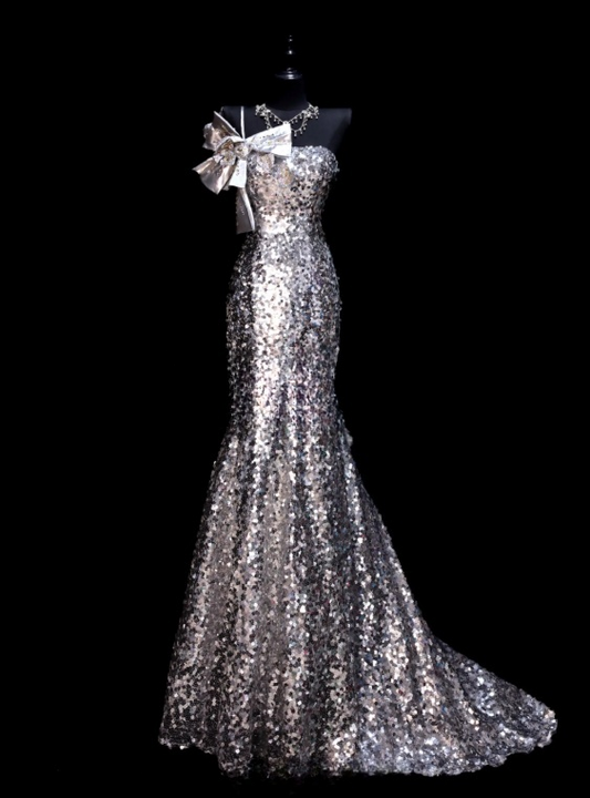 Chic Silver Prom Dress Sequins Strapless Mermaid Evening Dress S1078