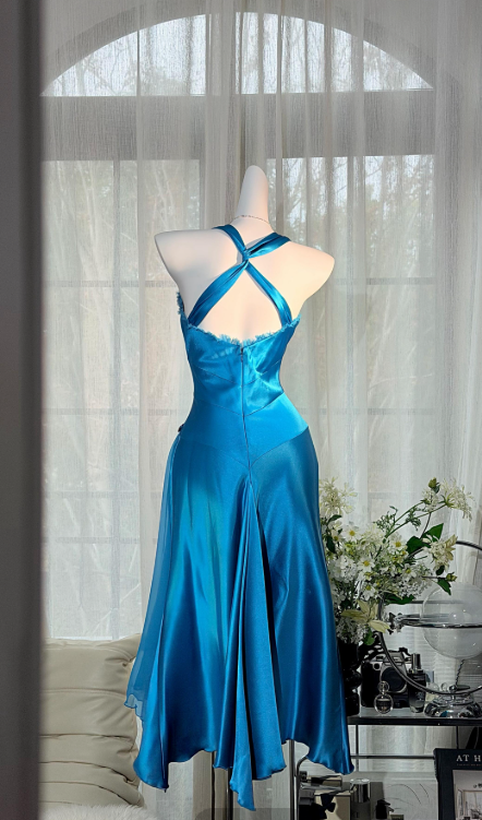Chic Blue Prom Dress Satin Party Dress Halter A-Line Evening Dress S1080