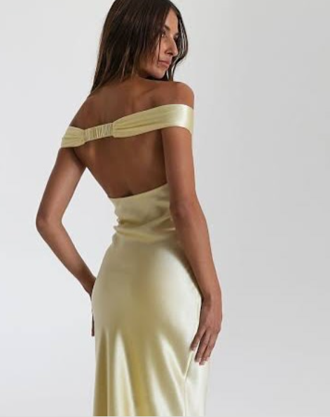 Superbe robe fourreau en satin jaune à épaules dénudées, tenue de soirée formelle pour invité de mariage, DP767