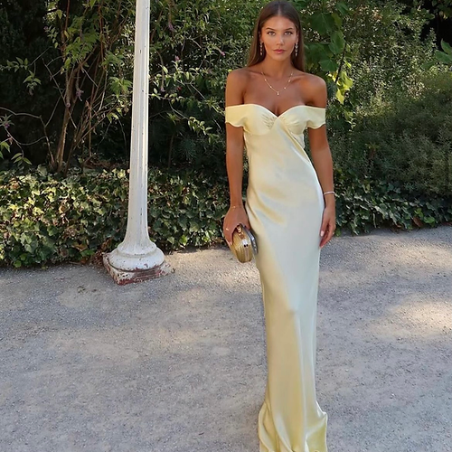 Superbe robe fourreau en satin jaune à épaules dénudées, tenue de soirée formelle pour invité de mariage, DP767