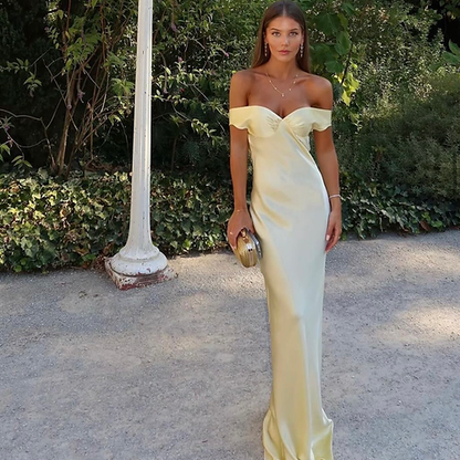 Superbe robe fourreau en satin jaune à épaules dénudées, tenue de soirée formelle pour invité de mariage, DP767