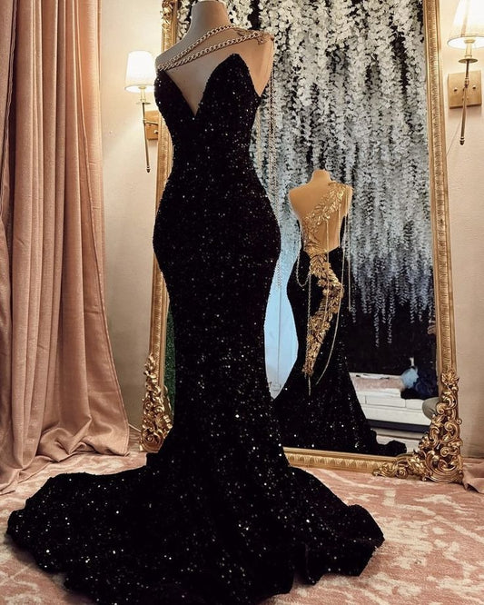 Pretty Sparkly Mermaid Sweetheart Sequin Black Prom Dress With Slit Graduation Dress D2531