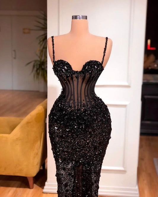 Vintage Mermaid Straps Beads Black Sequins Long Prom Dress Party Dress Graduation Dresses Birthday Outfits DP2532