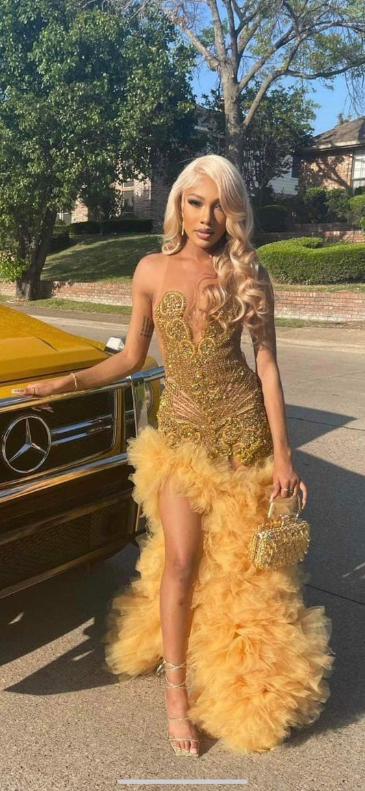 Gorgeous Mermaid Gold Beads Ruffles Tulle Long Prom Dress Party Dress Graduation Dresses D2542
