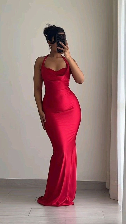 Pretty Mermaid Halter Red Satin Prom Dresses Black Girl Graduation Dress D2544