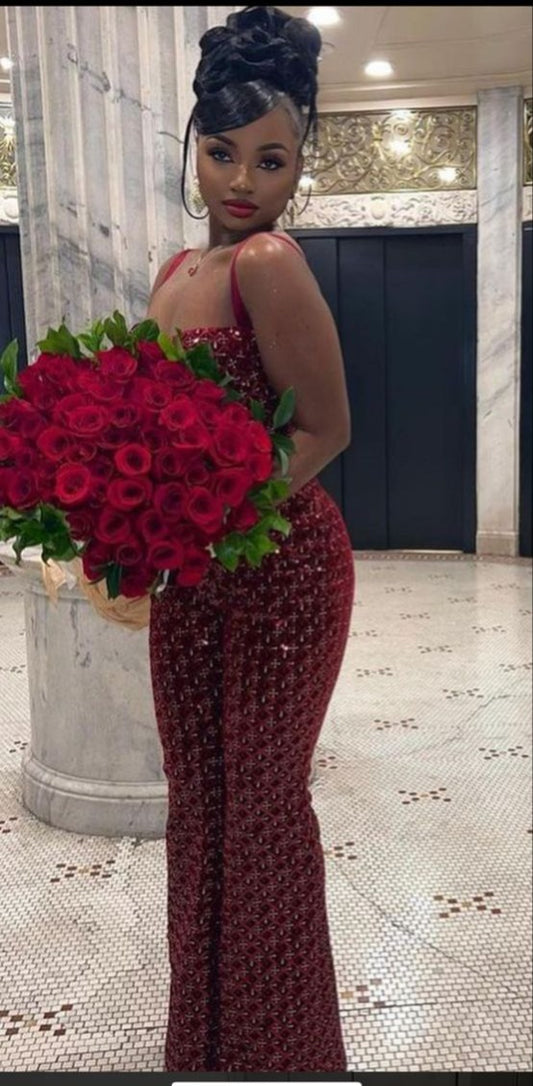 Pretty Mermaid Straps Wine Red Velvet Long Prom Dresses Black Girl Graduation Dress D2545