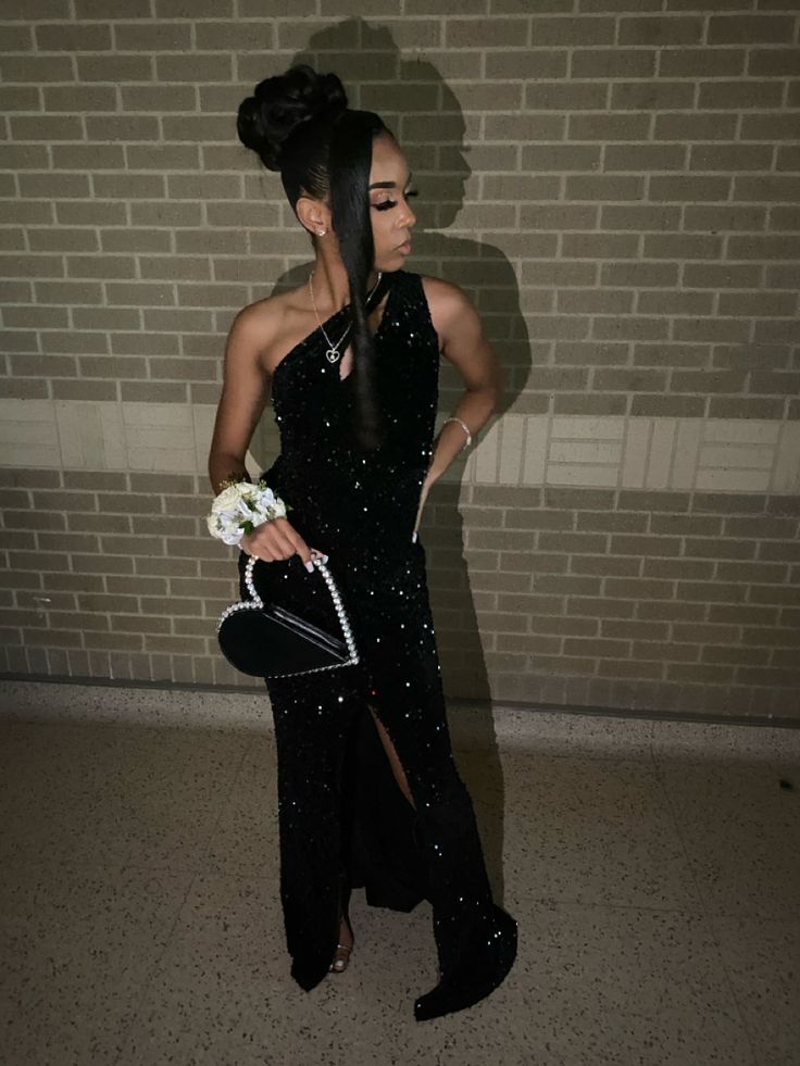 Pretty Mermaid One Shoulder Sequin Black Long Prom Dresses Black Girl Graduation Dress D2549