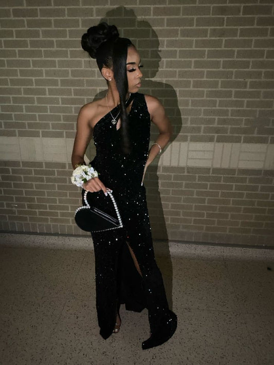 Pretty Mermaid One Shoulder Sequin Black Long Prom Dresses Black Girl Graduation Dress D2549