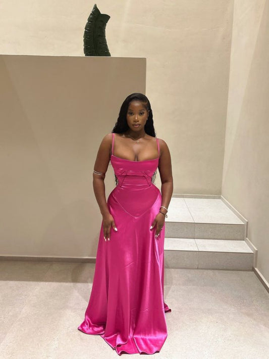 Pretty Mermaid Spaghetti Straps Pink Satin Long Prom Dresses Black Girl Graduation Dress D2553