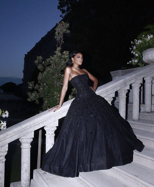 Gorgeous Ball Gown Strapless Black Lace Long Prom Dress Party Dress Graduation Dresses D2555