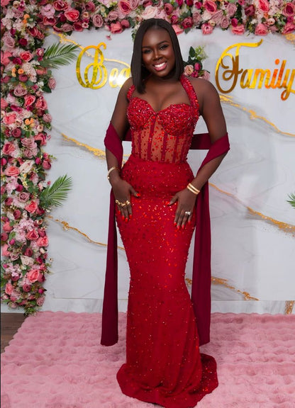 Pretty Mermaid Halter Red Sequin Long Prom Dresses Black Girl Graduation Dress Evening Gowns D2557