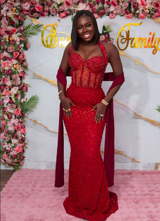 Pretty Mermaid Halter Red Sequin Long Prom Dresses Black Girl Graduation Dress Evening Gowns D2557