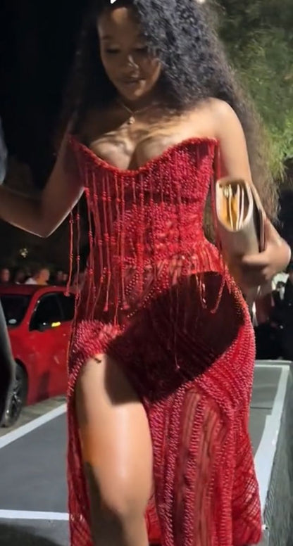 Superbe robe sirène rouge et noire à paillettes, décolleté en cœur, longue, fendue, pour anniversaire, bal, remise de diplôme, D2564