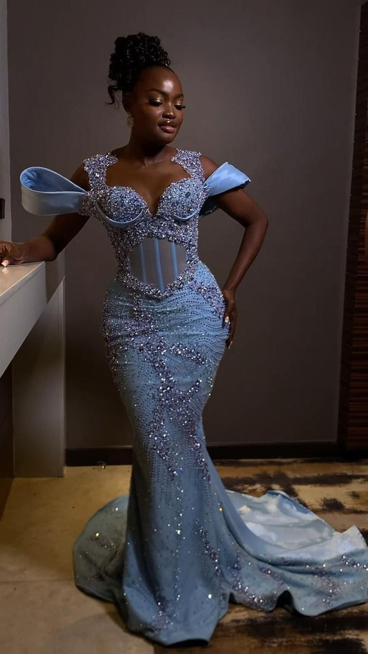Sexy Mermaid Sweetheart Black Girl Sequin Blue Long Birthday Dress Prom Dress Graduation Dresses D2570