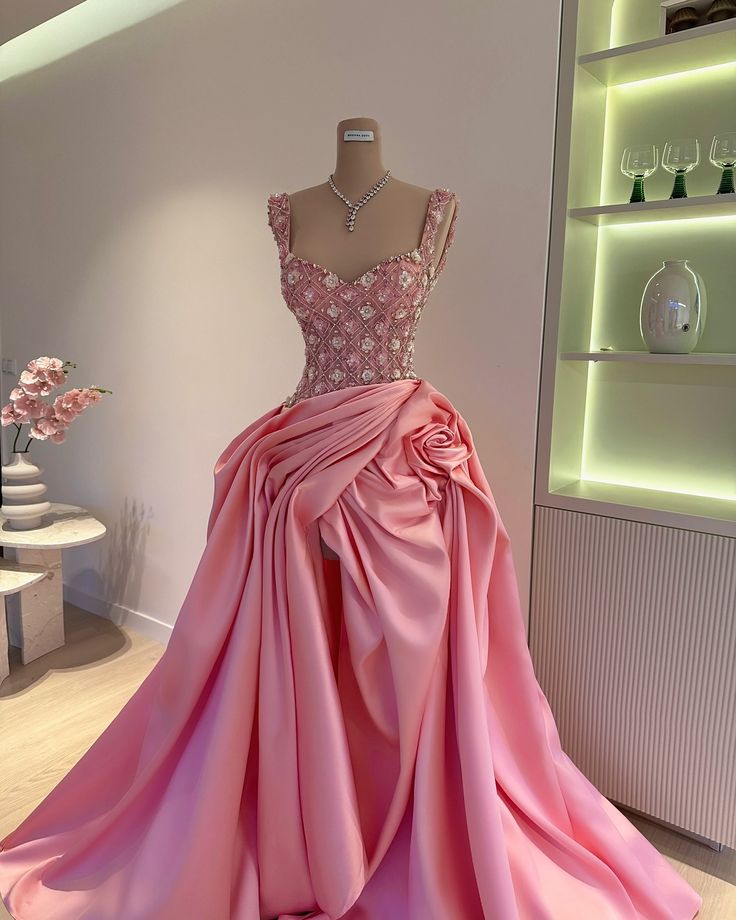 Sexy Ball Gown Straps Pink Satin Ruffles Long Birthday Dress Prom Dress Graduation Dresses D2571