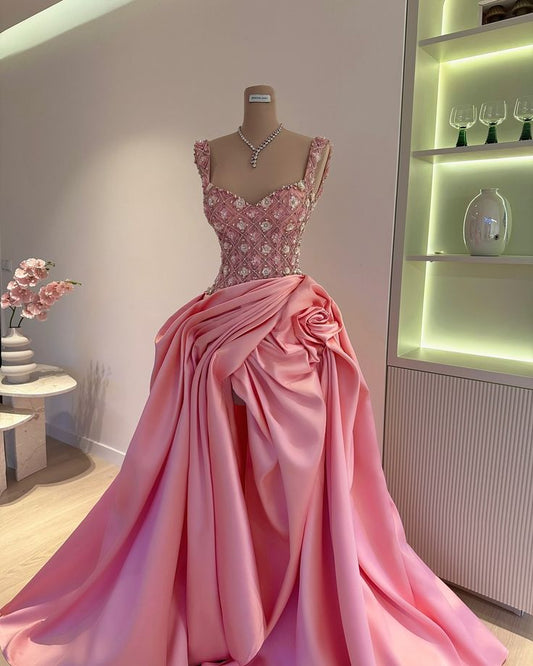 Sexy Ball Gown Straps Pink Satin Ruffles Long Birthday Dress Prom Dress Graduation Dresses D2571