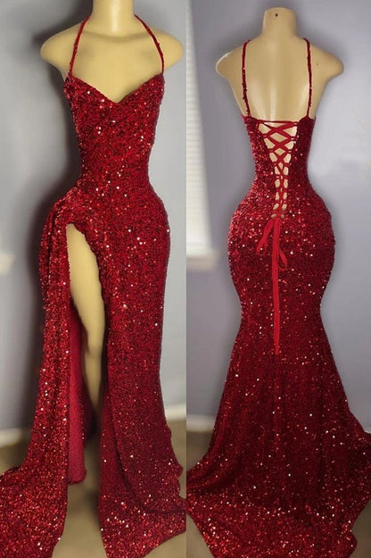 Sexy Mermaid Halter Red Sequin Slit Long Birthday Dress Prom Dress Graduation Dresses D2576