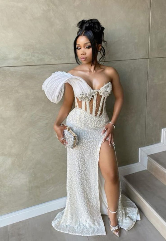 Gorgeous Mermaid Sweetheart White Sequin Black Girl Slit Long Birthday Dress Prom Dress Graduation Dresses D2588
