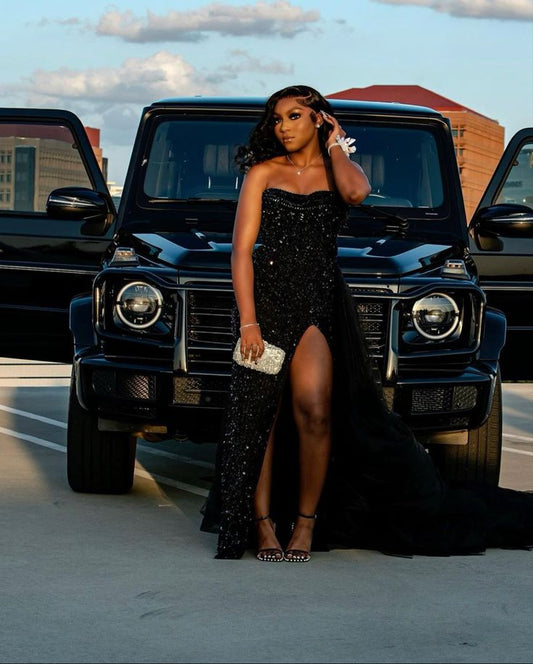 Pretty Mermaid Sweetheart Black Sequin Slit Long Prom Dresses Graduation Dress Evening Gowns D2601