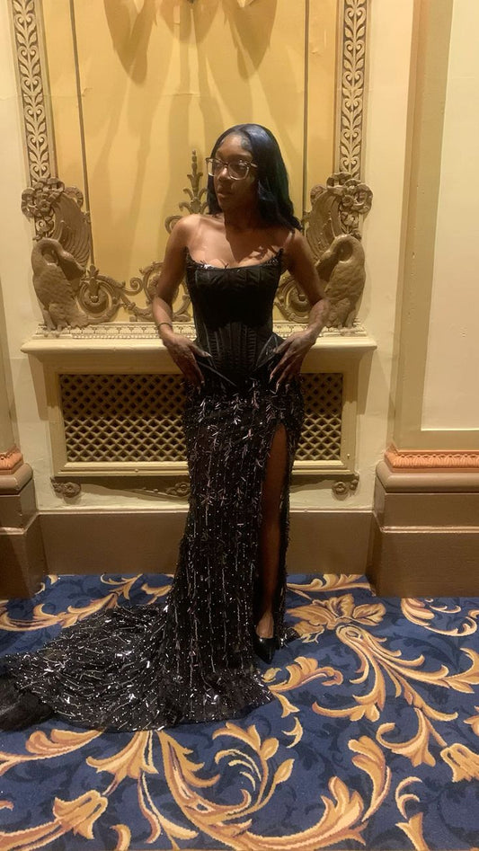 Pretty Mermaid Strapless Black Sequin Slit Long Prom Dresses Graduation Dress Evening Gowns D2602